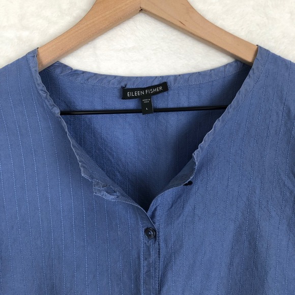 Eileen Fisher Silk Textured Stripe Button Front Top Sz L Blue L/S Minimalist - Picture 4 of 9